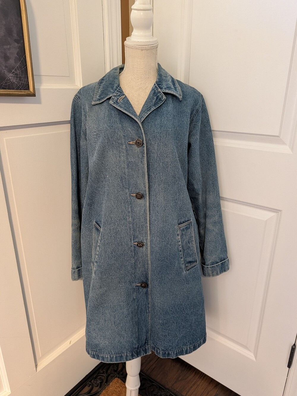 💙 Vintage 90's Denim & Company Button Front Denim Knee Length Trench Coat, M